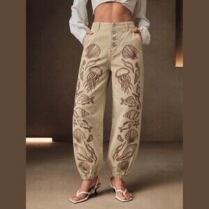 Beige Tan Sea Life Pattern Front Button Fly Wide Cropped Jogger Denim Jeans